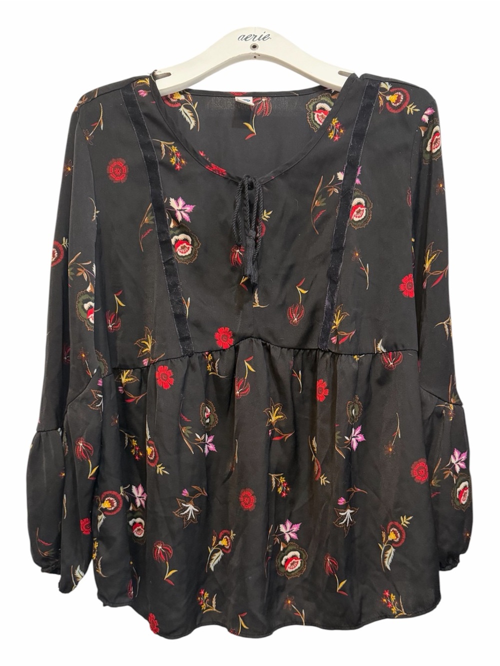 Old Navy Black Floral blouse with tassel ties and velvet trim